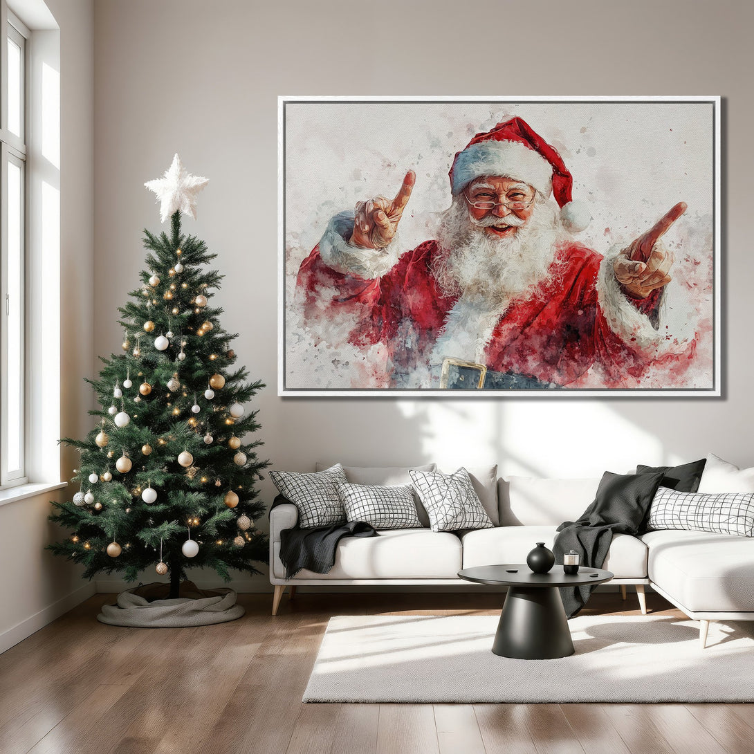 Framed Wall Art featuring a watercolor Santa Claus, perfect for holiday decor. Red, white, and neutral tones create a festive and stylish look for your home.