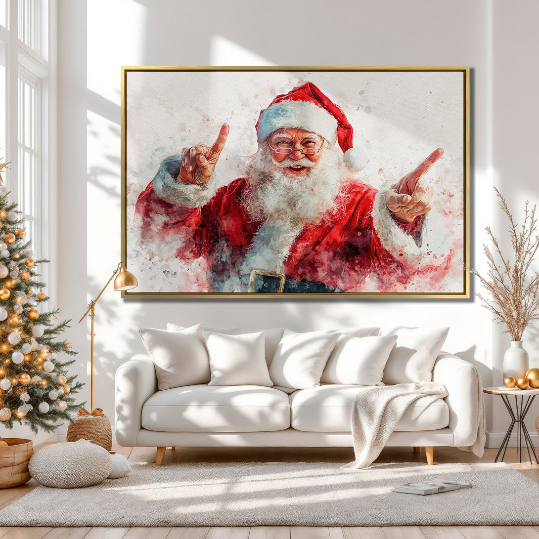 Watercolor Canvas Print of Santa Claus in red and white, perfect for Christmas decor. Warm neutral color palette.