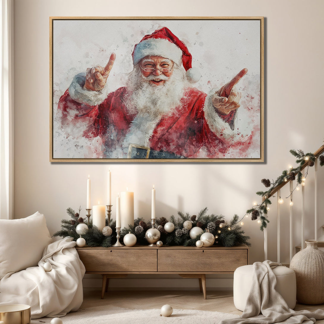 Framed Wall Art featuring Santa Claus in watercolor style, red and white palette, perfect for Christmas decor.