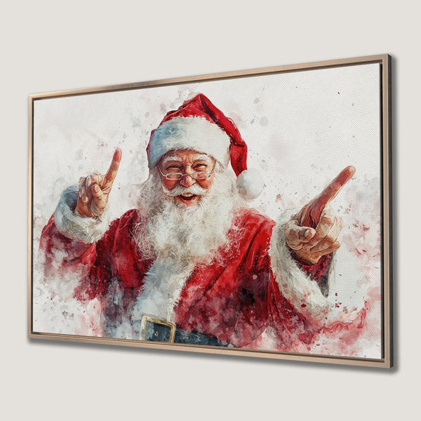 Framed Wall Art: Watercolor Santa Claus pointing. Festive red & white art for Christmas. Add holiday cheer to your home!