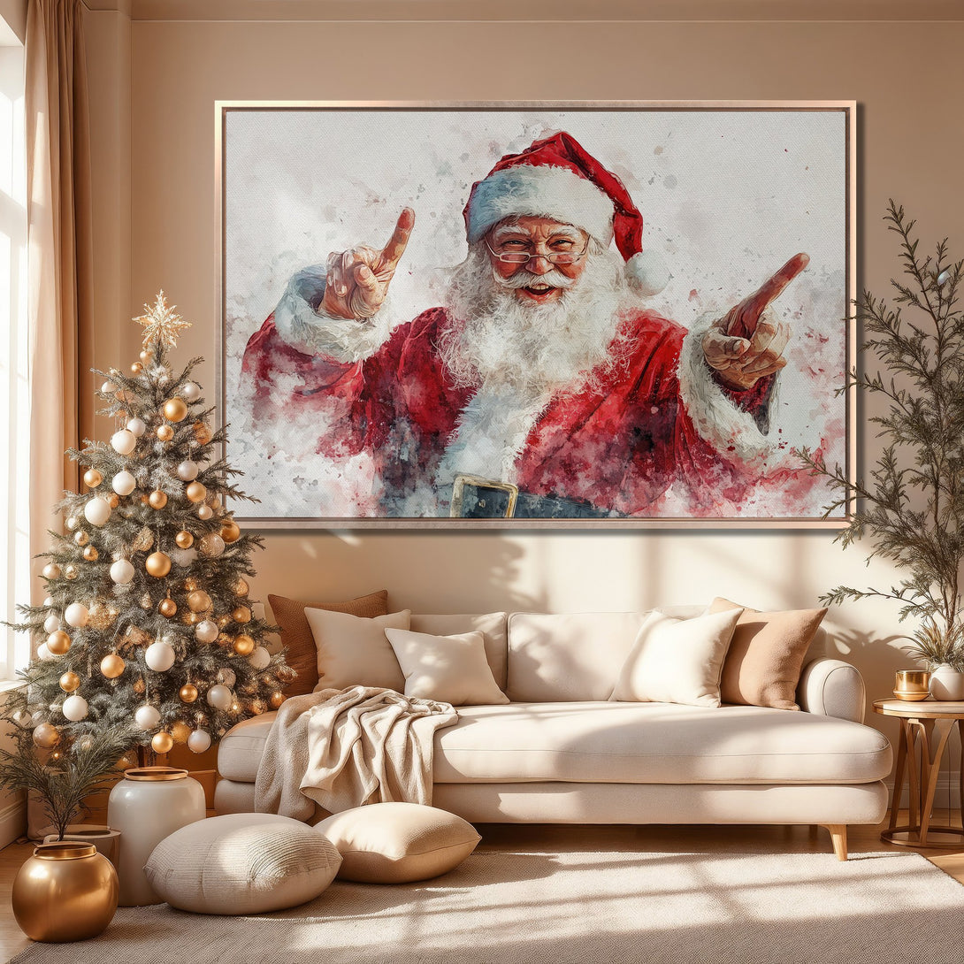 Framed Wall Art of Santa Claus in watercolor style, warm red & white palette. Perfect Christmas decor for your home!