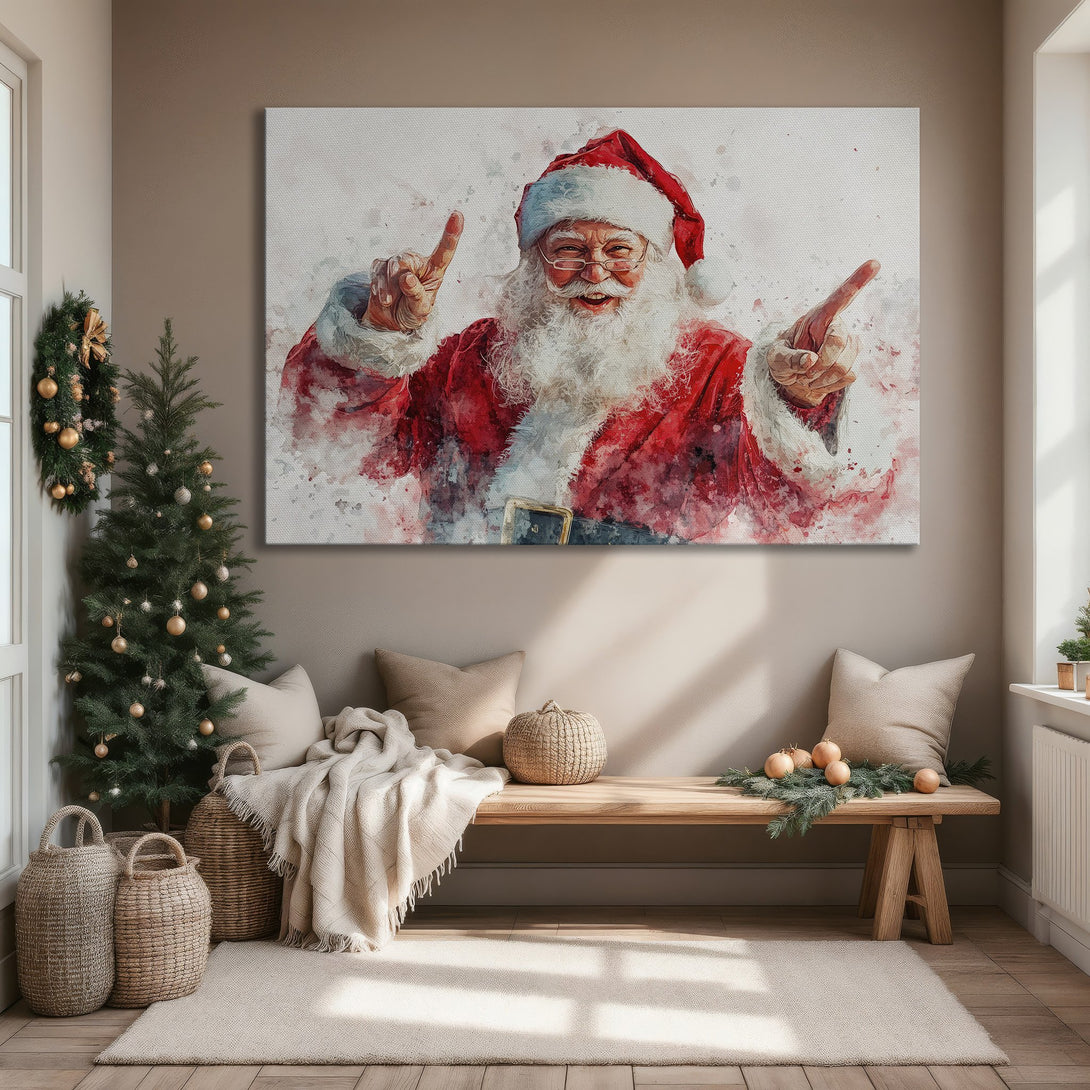 Framed Wall Art featuring Santa Claus in watercolor style, red and white color palette. Perfect Christmas decor for a cozy living room.