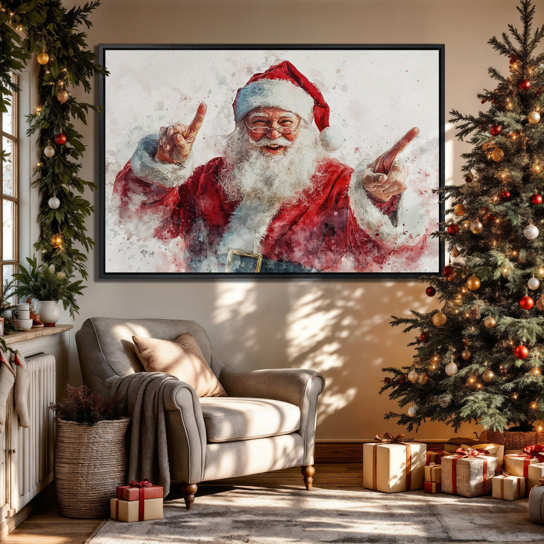 Framed Wall Art: Watercolor Santa Claus print in a festive interior. Red, white, and gold color palette. Perfect Christmas decor for your home!