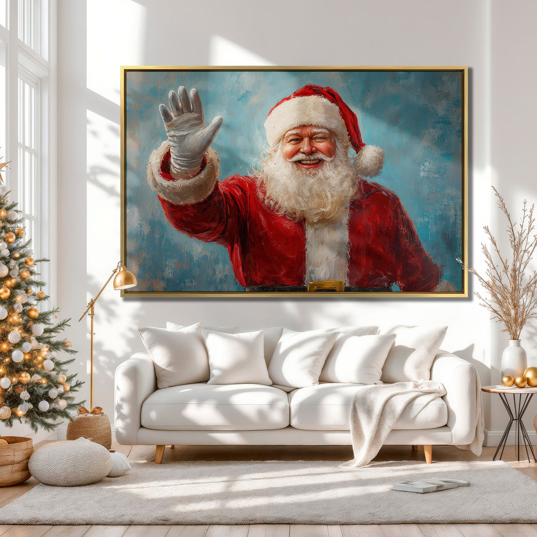 Canvas Print of Santa Claus waving, vibrant red and blue palette, perfect for Christmas decor. Festive wall art for a cozy interior.