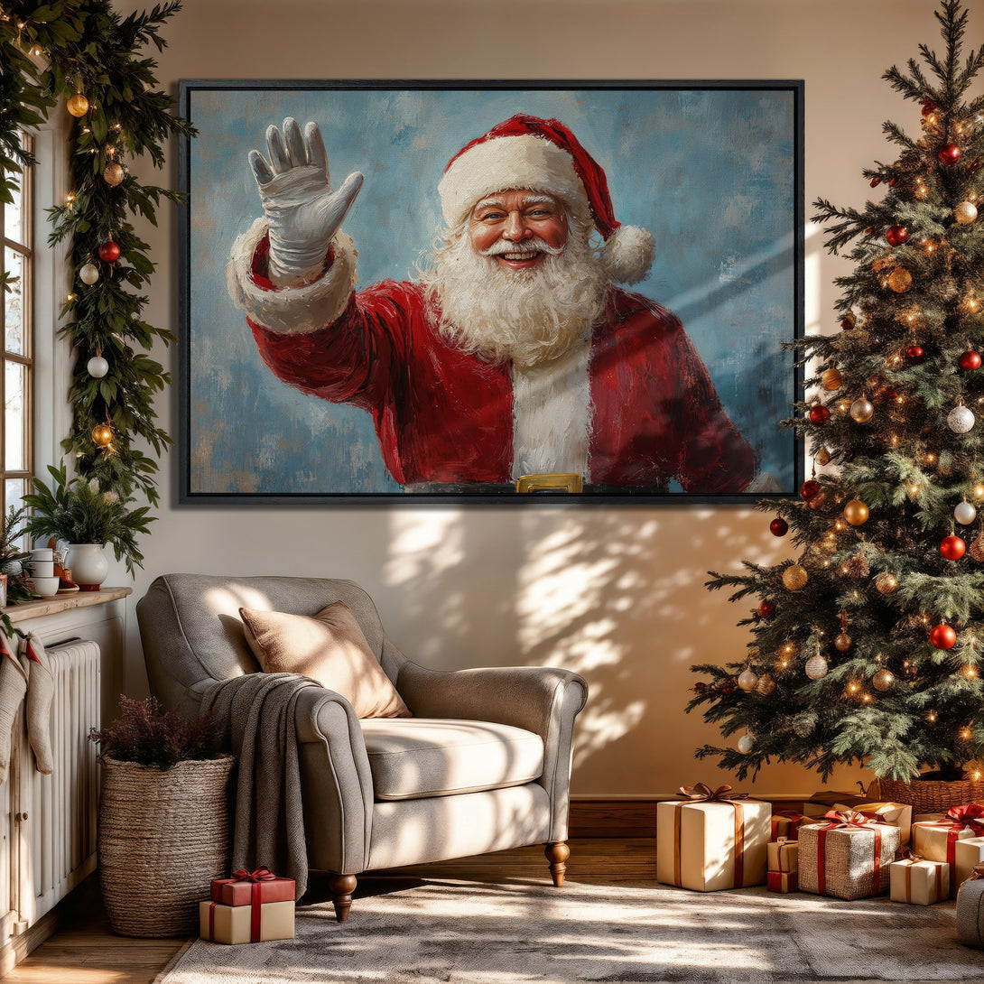 Framed Wall Art featuring a jolly Santa Claus in a warm, inviting interior. Festive red and blue color palette, perfect for Christmas decor.