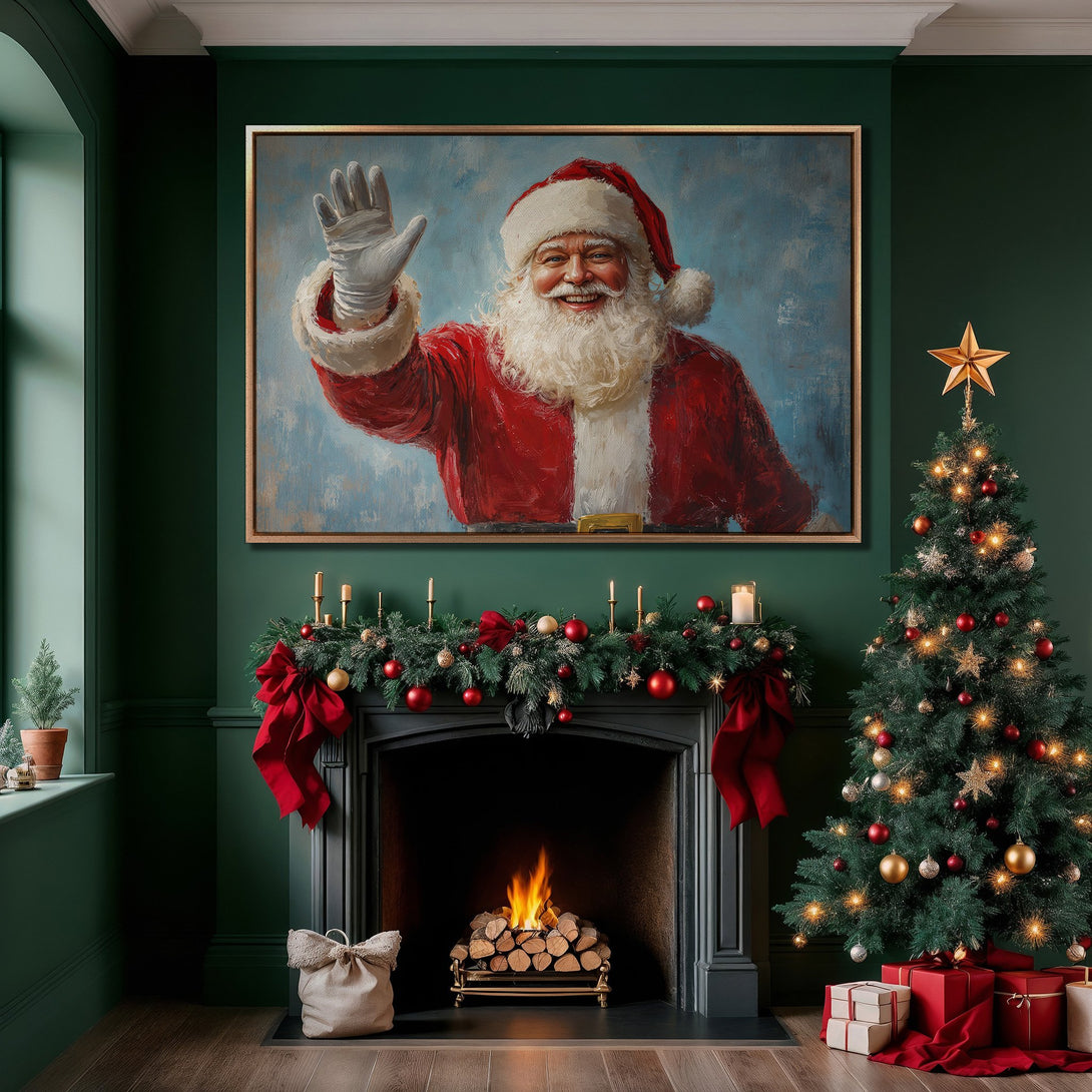 Framed Wall Art of Santa Claus in a classic painting style, set in a festive interior with a rich red, green, and gold color palette. Perfect Christmas decor!