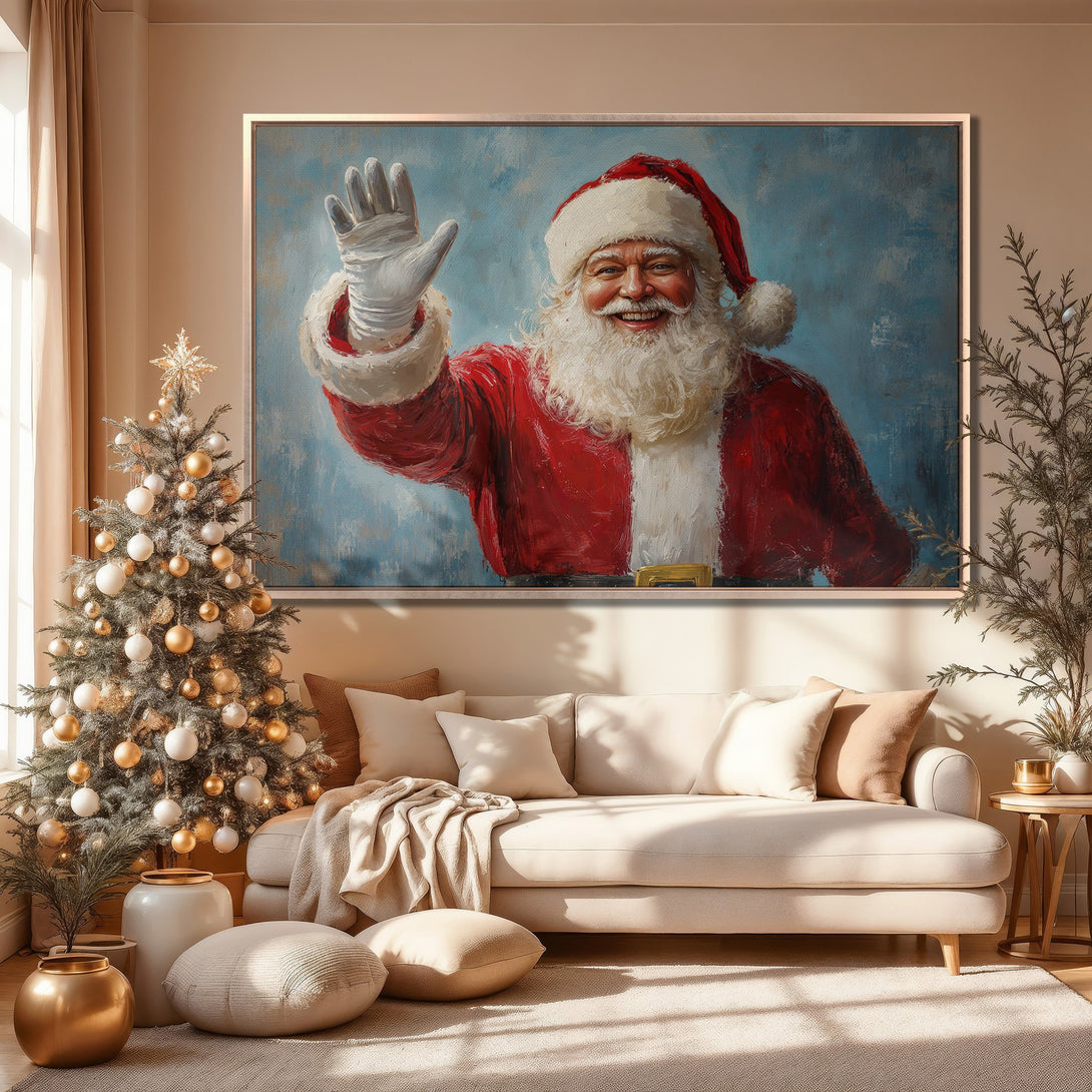 Framed Wall Art of Santa Claus in a cozy interior. Festive canvas print with a warm, neutral color palette and a touch of Christmas cheer.