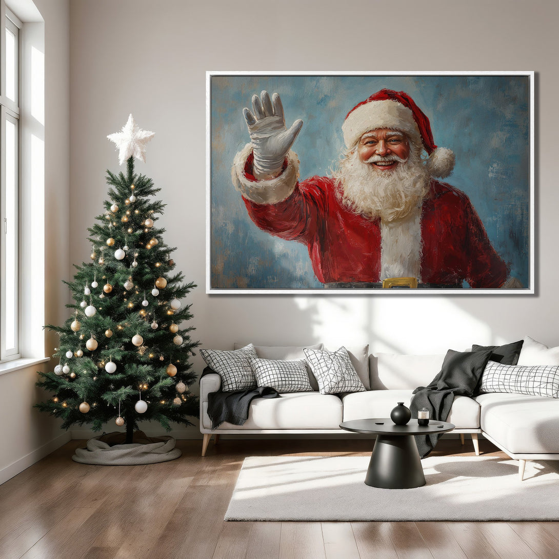 Framed Wall Art featuring Santa Claus in vibrant red and blue, adding festive cheer to a modern living room. Perfect Christmas decor!