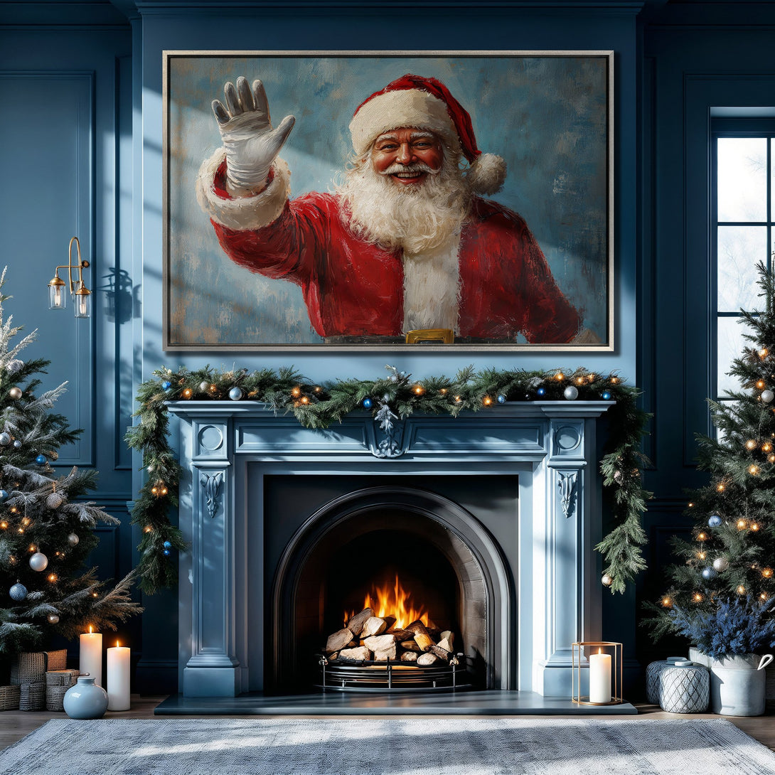 Framed Wall Art: Santa Claus painting in a cozy Christmas interior. Classic style with a red, blue, and white color palette. Perfect holiday decor!