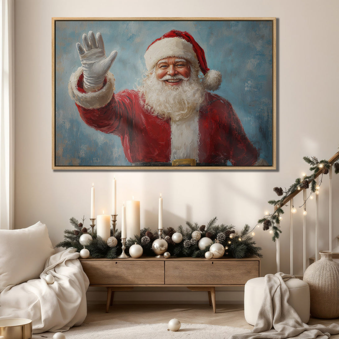 Framed Wall Art featuring Santa Claus in a vibrant red and blue palette. Perfect holiday decor for a cozy, inviting interior. Shop now!
