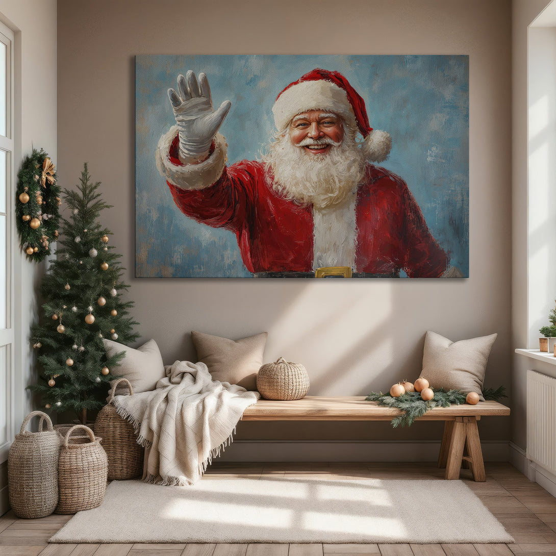 Framed Wall Art: Santa Claus painting in a cozy living room. Festive red, white, and blue color palette. Perfect Christmas decor!