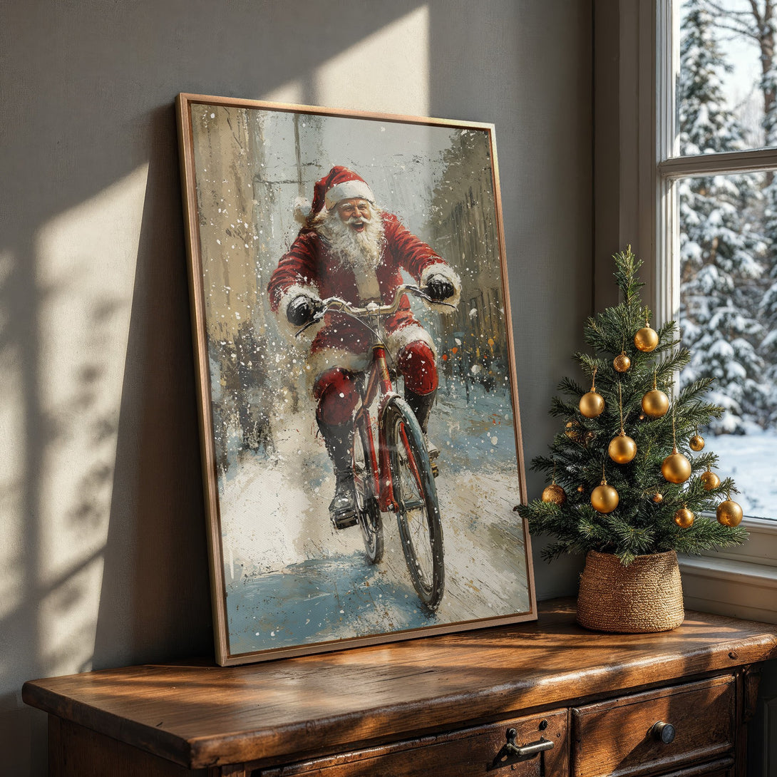 Framed Wall Art: Santa Claus on a bicycle, impressionist style, red and blue color palette, perfect for Christmas decor.
