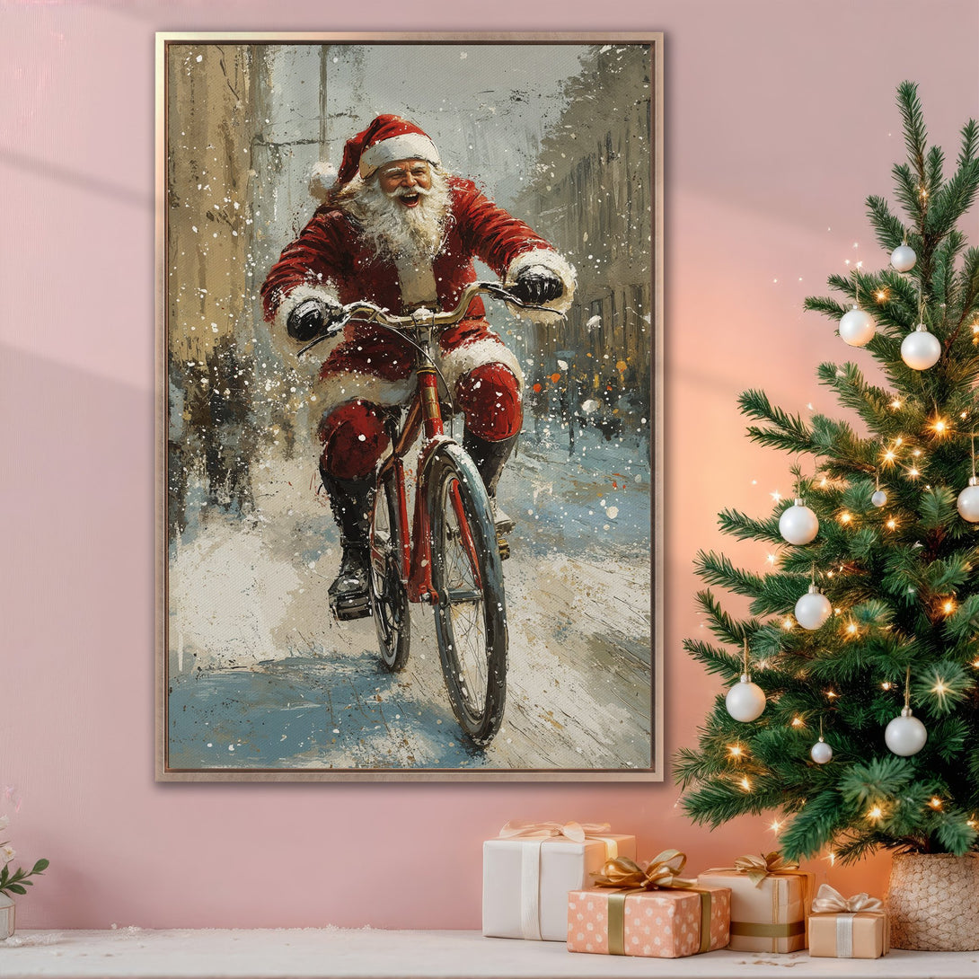 Framed Wall Art: Santa Claus on a bicycle in a snowy scene. Artistic style with a red, white, and blue color palette, perfect for Christmas decor.