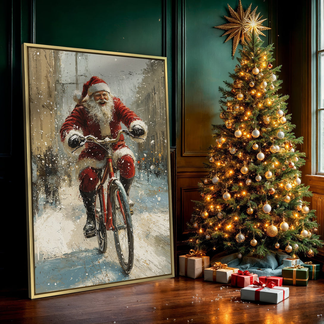 Canvas Print of Santa Claus on a bicycle in a snowy scene. Impressionistic style with a warm red, white, and blue color palette. Perfect Christmas decor!