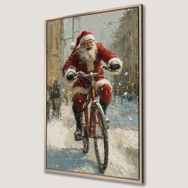 Framed Wall Art: Santa Claus on a bike in a snowy street scene. Festive, impressionistic style with red, blue, and white color palette. Perfect Christmas decor.
