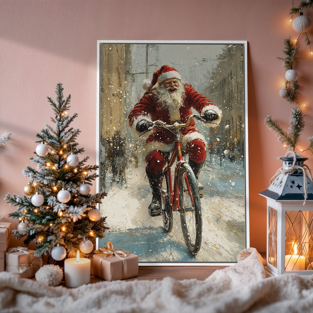 Framed Wall Art: Santa Claus on a bicycle, festive winter scene in red, white, and blue tones. Perfect Christmas decor for your home.