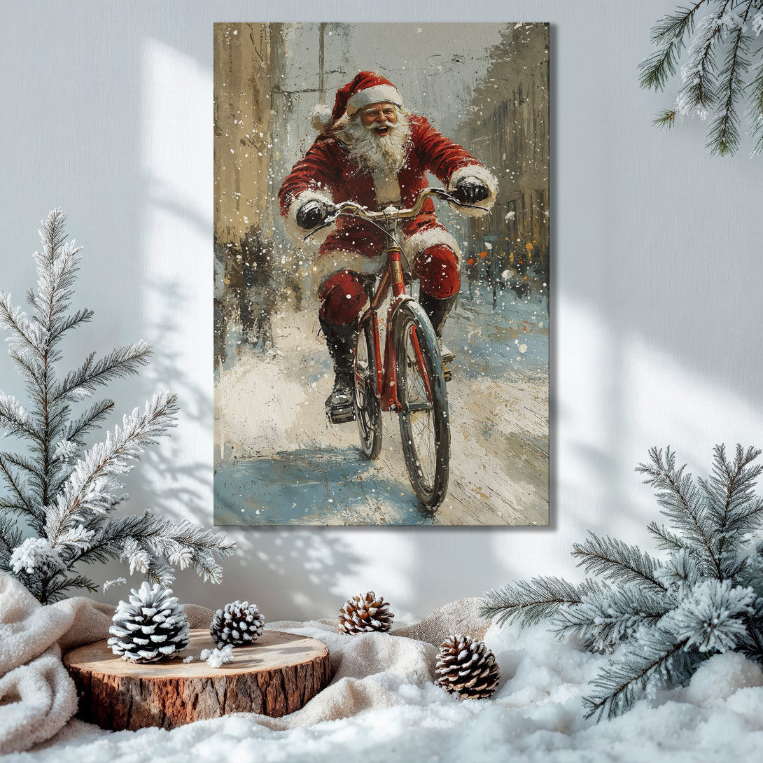 Framed Wall Art: Santa Claus on a bike in winter scene. Festive artwork with red, white, and blue tones. Perfect Christmas decor!