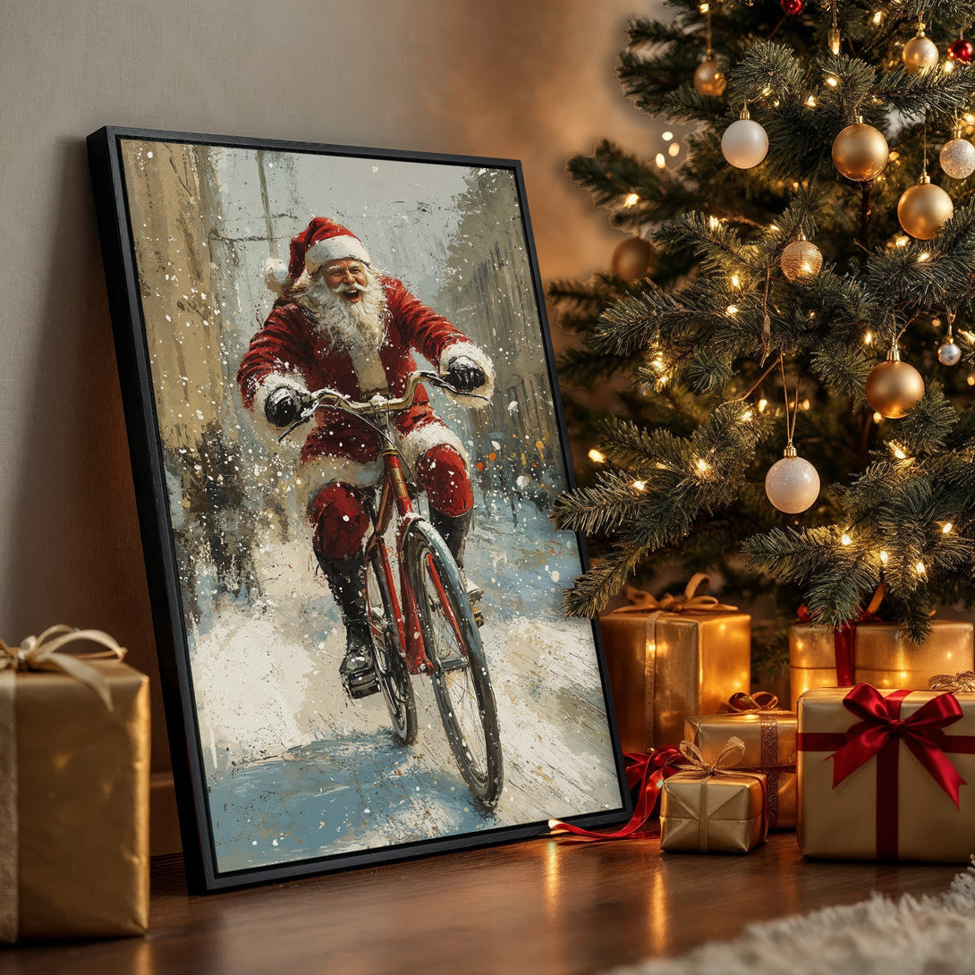 Framed Wall Art: Santa on a bike in a snowy scene. Festive Christmas art with a red and white palette, perfect holiday decor.