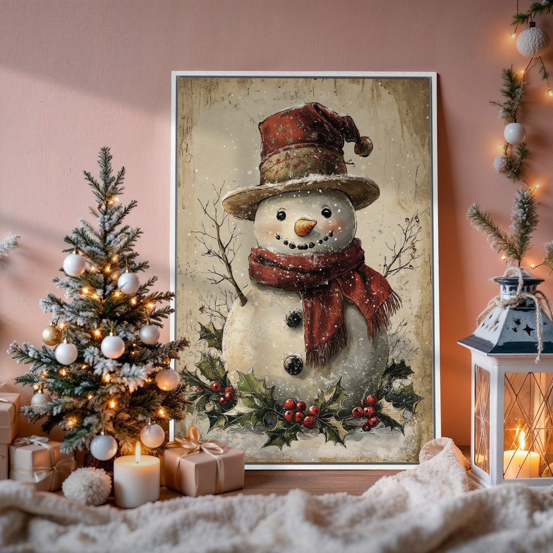 Framed Wall Art: Vintage snowman print with red and neutral tones. Perfect for holiday decor. Adds a cozy, rustic touch to any room.