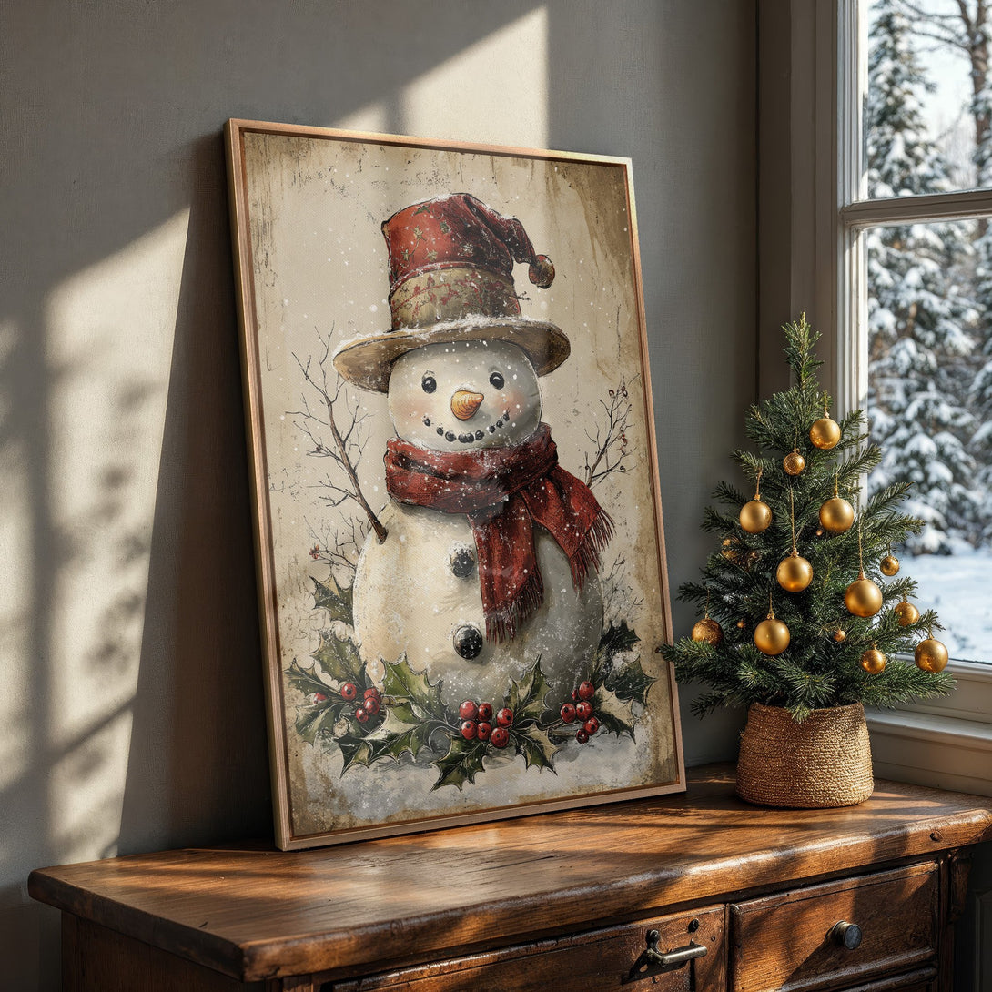 Framed Wall Art: Vintage snowman print with rustic charm. Features a warm, neutral palette with pops of red and green, perfect for holiday decor.
