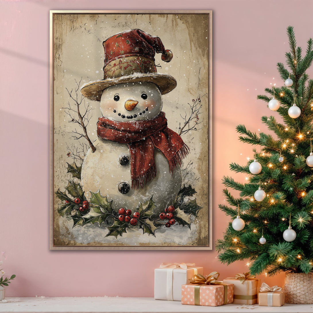 Framed Wall Art: Vintage snowman print with red and neutral tones. Perfect holiday decor for your home! Festive and charming winter art.