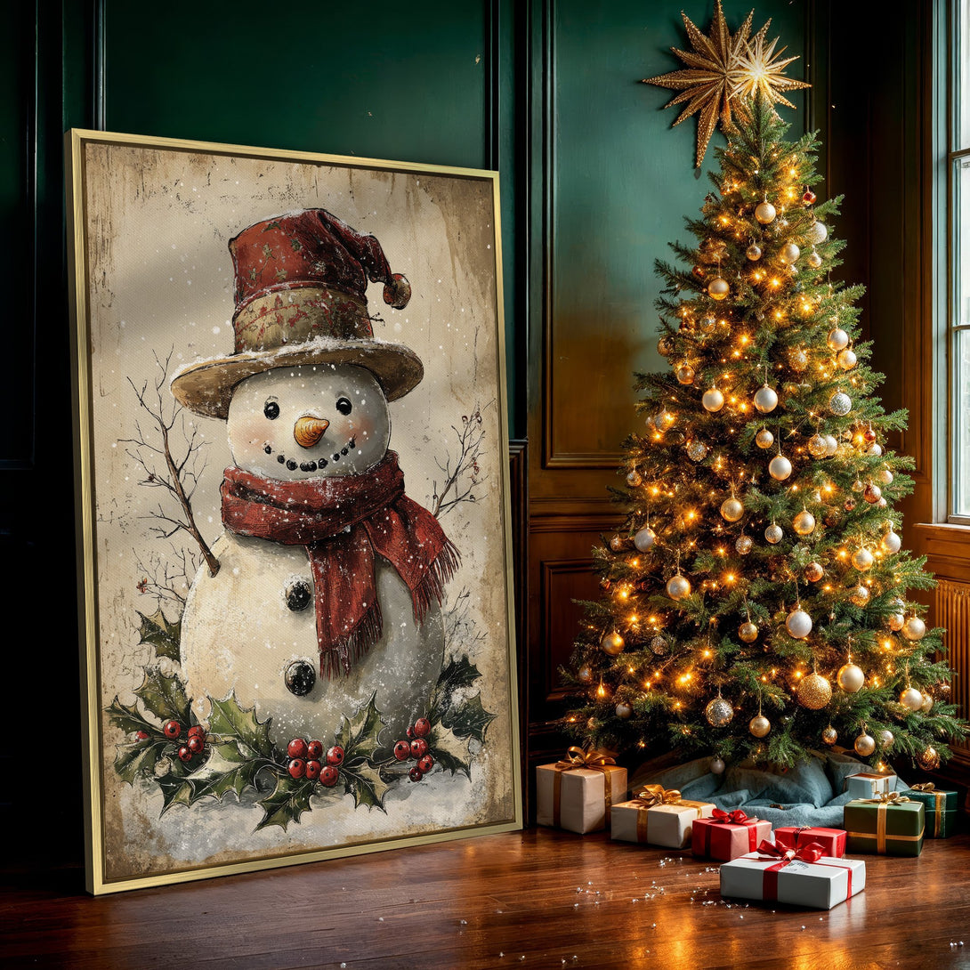 Canvas Print featuring a charming snowman in a vintage style, with a warm red and beige color palette, perfect for winter decor.