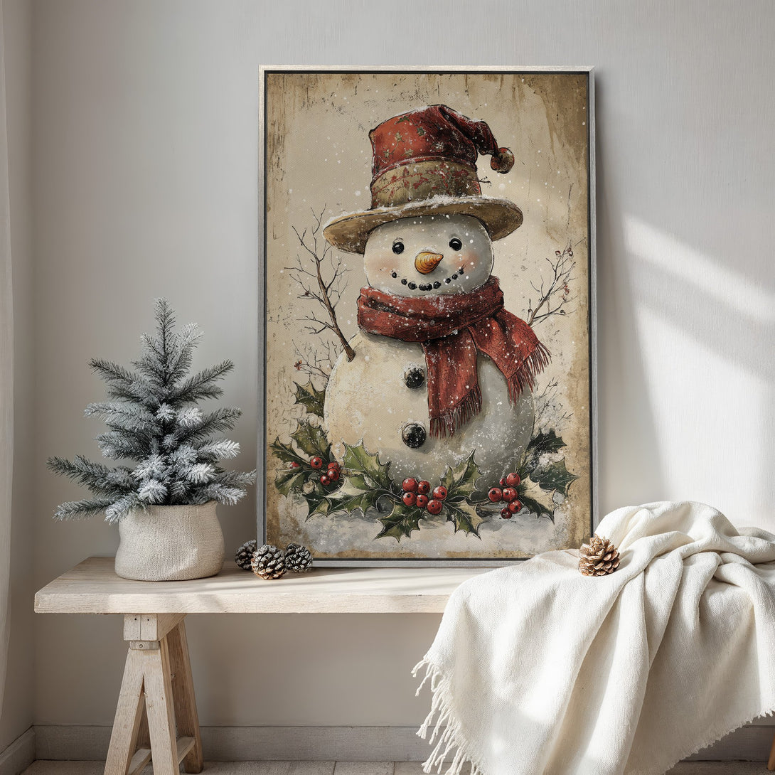 Framed Wall Art featuring a charming snowman in a rustic, vintage style. Warm red and neutral tones create a cozy, festive feel. Perfect for holiday decor!