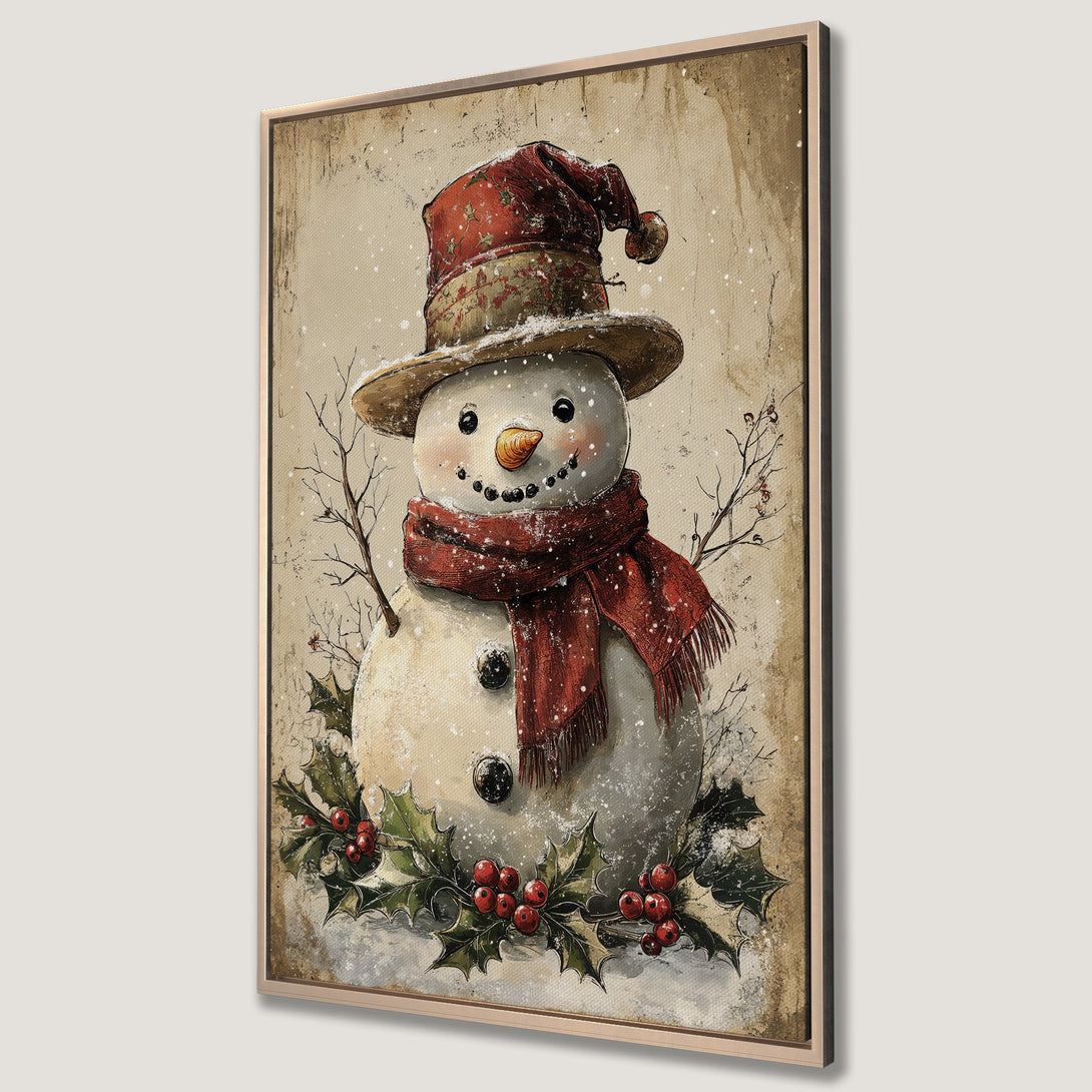 Framed Wall Art: Vintage snowman print with red scarf and hat. Rustic style, warm color palette. Perfect Christmas decor!