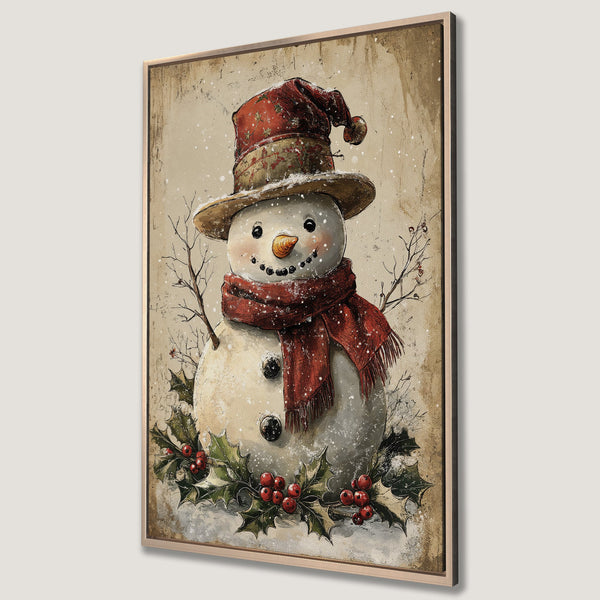 Framed Wall Art: Vintage snowman print with red scarf and hat. Rustic style, warm color palette. Perfect Christmas decor!