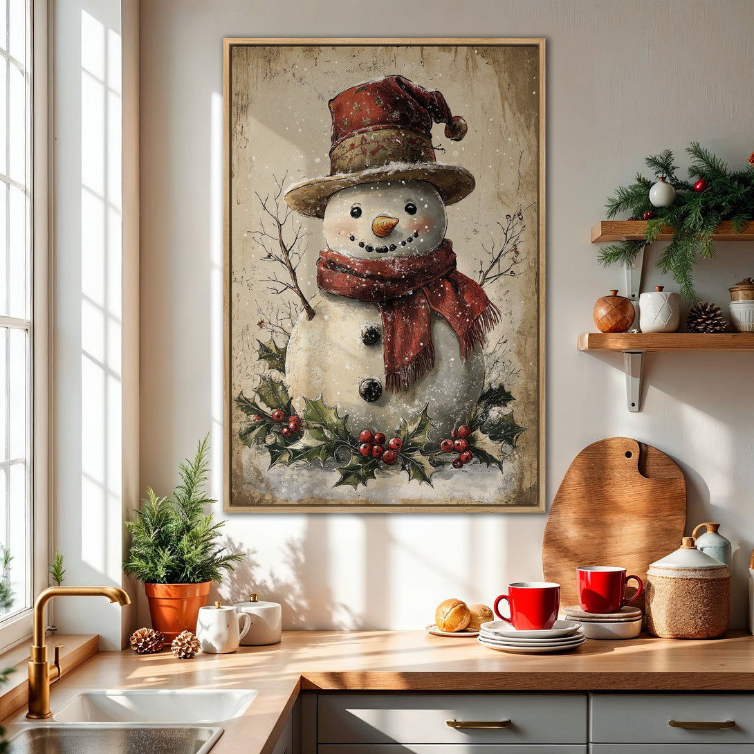 Framed Wall Art: Vintage snowman print with a rustic, warm color palette. Perfect for holiday decor! Add festive cheer to your kitchen or living room.