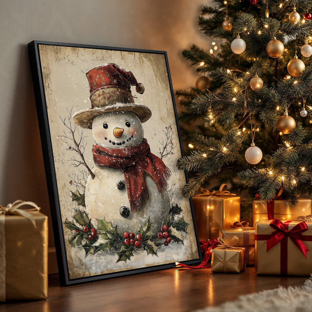 Framed Wall Art featuring a charming snowman in a vintage style, with a warm red and beige color palette, perfect for holiday decor.