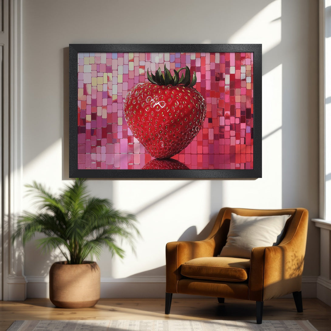 Framed Poster featuring a vibrant strawberry art print. Modern style with a pink and red color palette, perfect for kitchen decor.