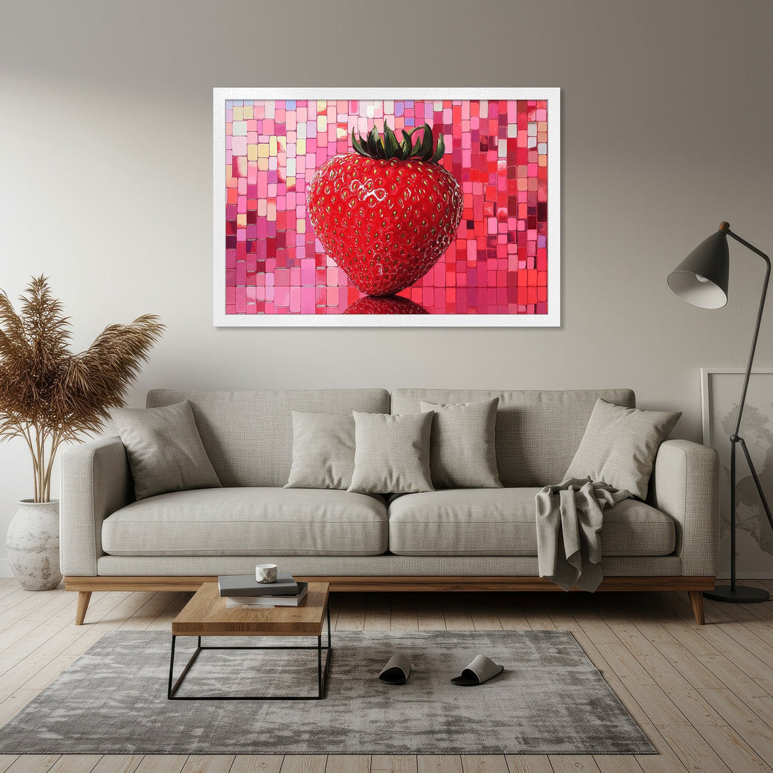 Framed Poster featuring a vibrant strawberry artwork in a mosaic style with a red and pink color palette. Perfect wall art for your home!