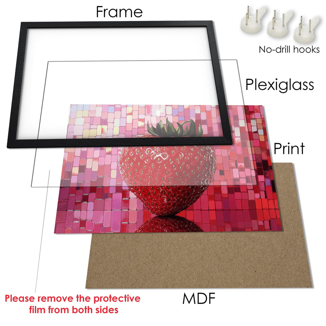 Framed Poster featuring a vibrant strawberry, mosaic style, in a red and pink color palette. Perfect wall art!
