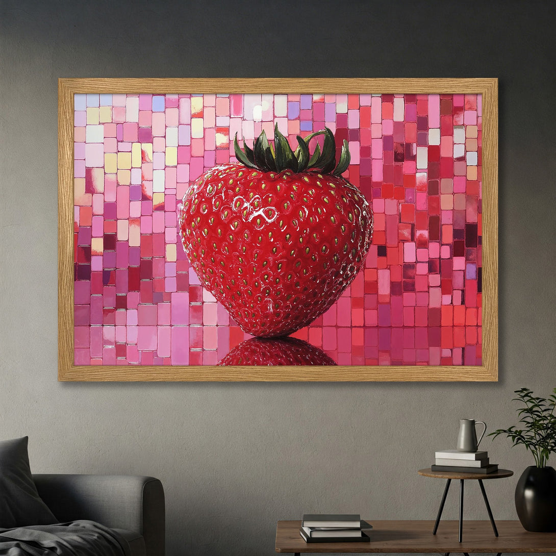 Framed Poster featuring a vibrant strawberry artwork in a mosaic style, with a pink and red color palette. Perfect wall decor!