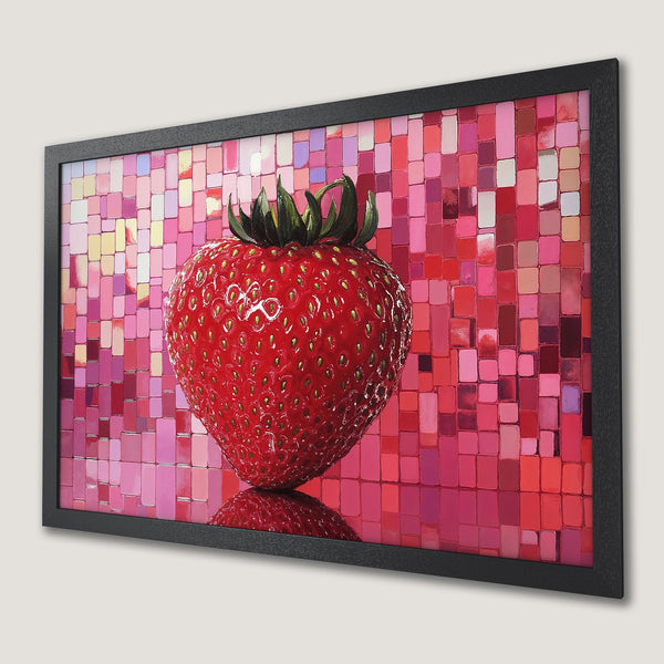 Framed Poster: Vibrant strawberry art in red & pink hues. Modern style poster for kitchen or dining room decor.