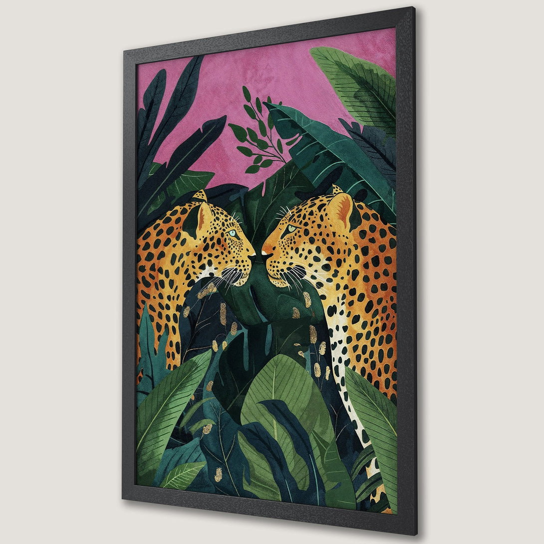 Framed Poster featuring two leopards in a lush jungle setting. Vibrant greens, pinks, and yellows create a striking, artistic design.