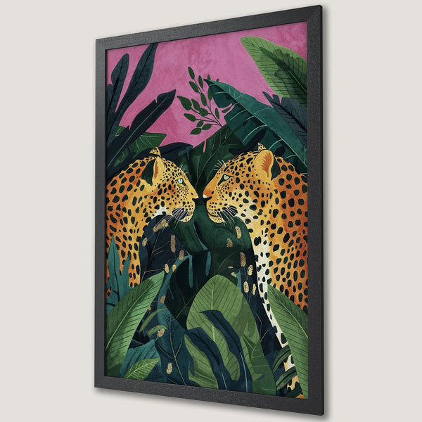 Framed Poster featuring two leopards in a lush jungle setting. Vibrant greens, pinks, and yellows create a striking, artistic design.