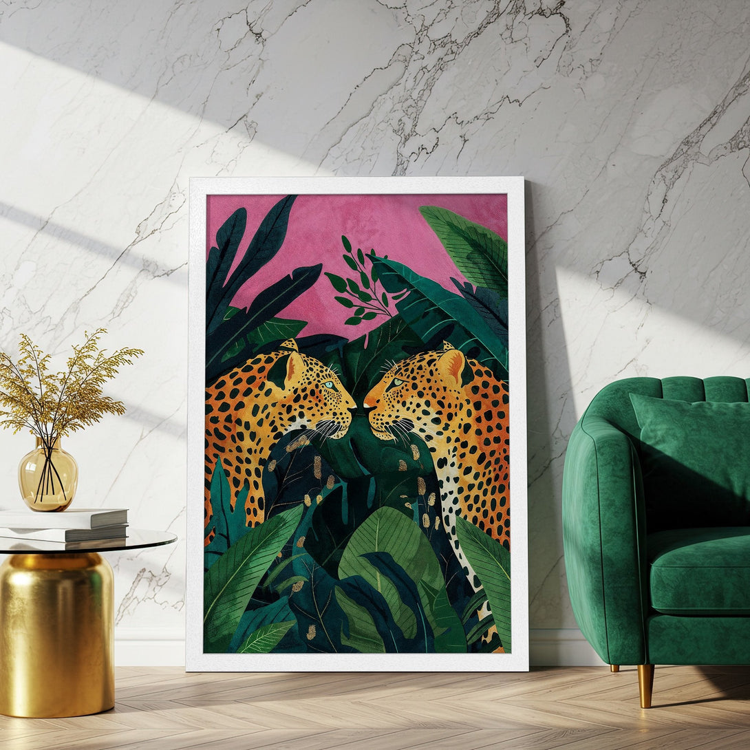 Framed Poster featuring leopards in a jungle scene. Vibrant colors and a modern, tropical style. Perfect wall art for your home!