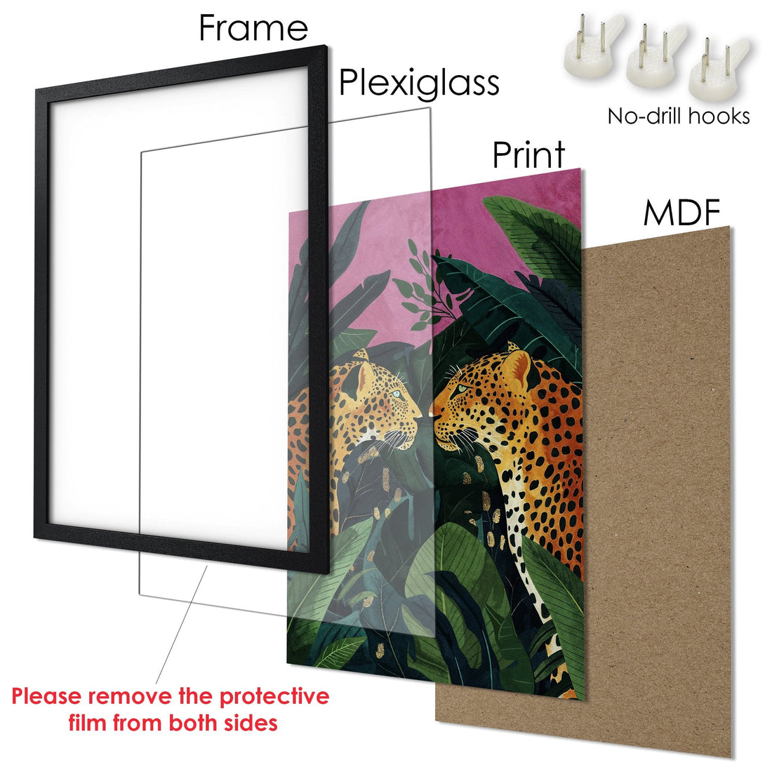 Framed Poster featuring a leopard in a jungle scene, vibrant colors and a modern style. Perfect wall art!