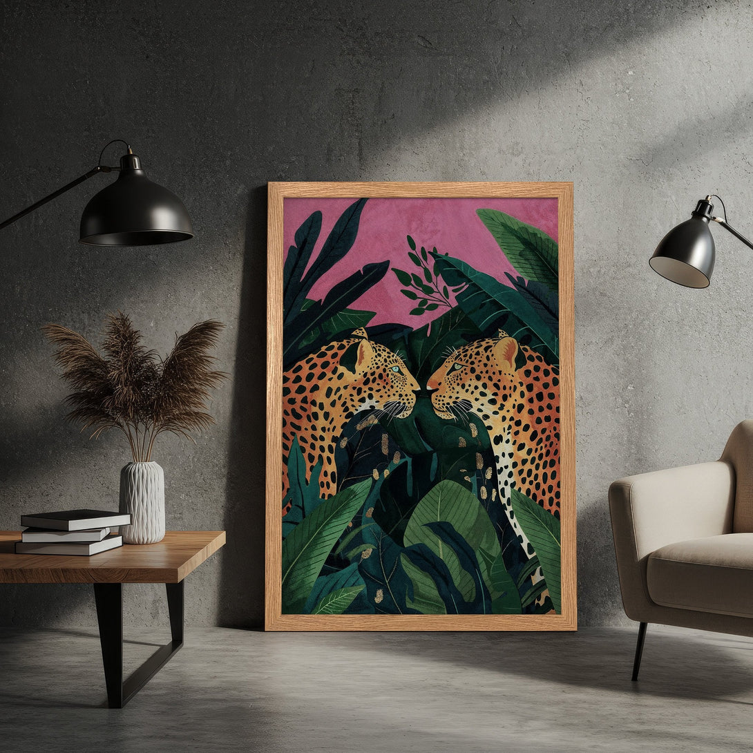 Framed Poster featuring a vibrant illustration of two leopards in lush green foliage, with a pink background. Modern art style, warm color palette.