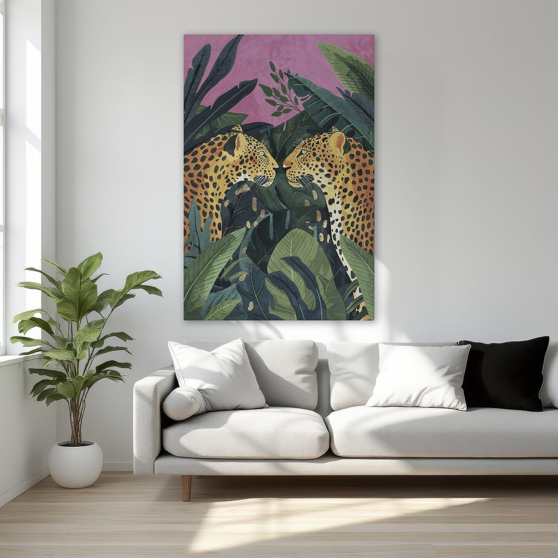 Framed Wall Art featuring a vibrant leopard illustration. Tropical style with a lush green, pink, and gold color palette. Perfect for adding a touch of exotic elegance.