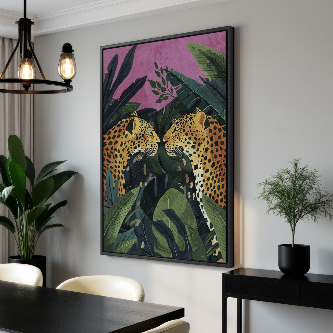 Framed Wall Art featuring a vibrant jungle scene with leopards. Bold, colorful Canvas Print with a tropical aesthetic, perfect for adding a touch of nature to your home decor.