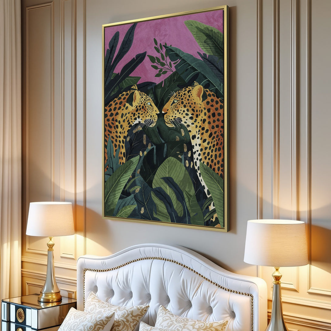 Canvas Print: Leopard art with tropical foliage. Modern style, vibrant colors. Adds a touch of the wild to your home decor.