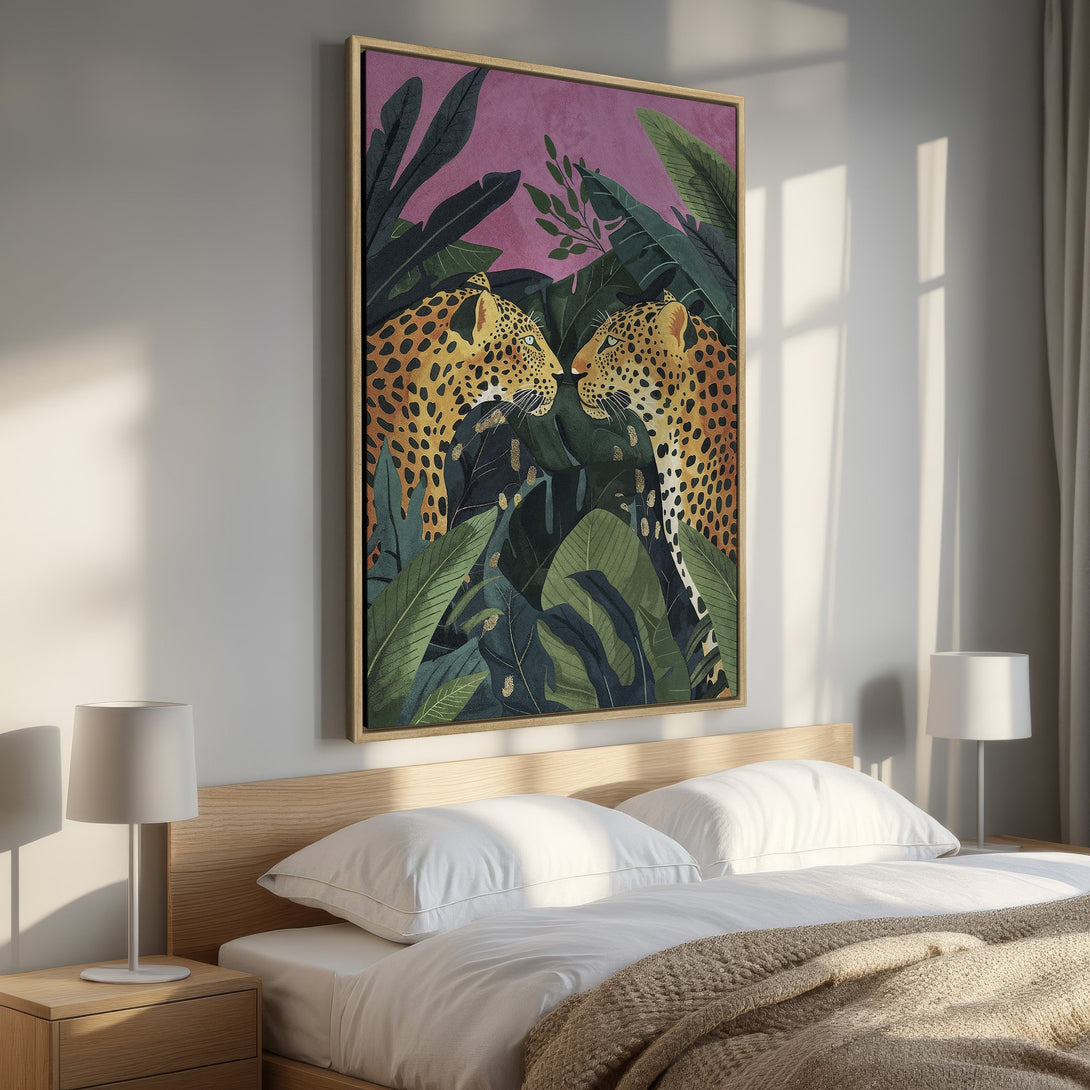 Framed Wall Art featuring leopards in a jungle scene. Vibrant greens, pinks, and yellows create a bold, tropical aesthetic for your bedroom decor.