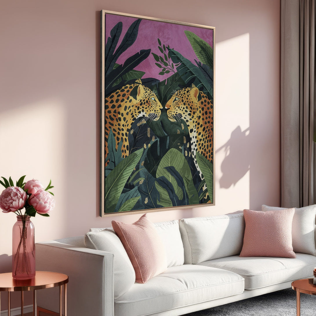 Framed Wall Art featuring leopards in a jungle scene. Modern style, vibrant color palette with pink, green, and gold tones. Perfect for adding a touch of luxury.