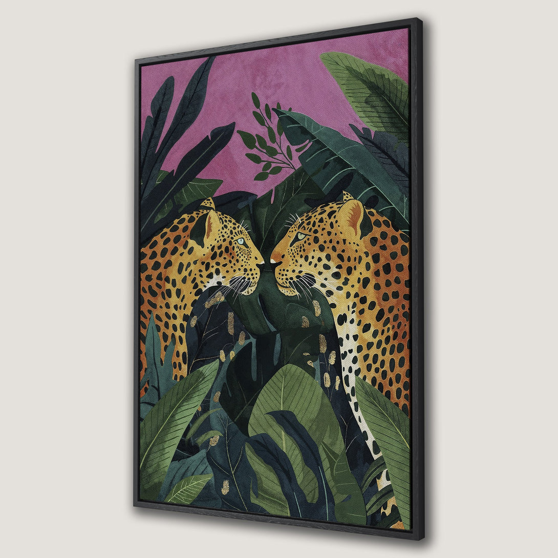 Framed Wall Art featuring a vibrant jungle scene with leopards. Tropical style, green, pink, and gold color palette. Perfect for adding a touch of the wild.