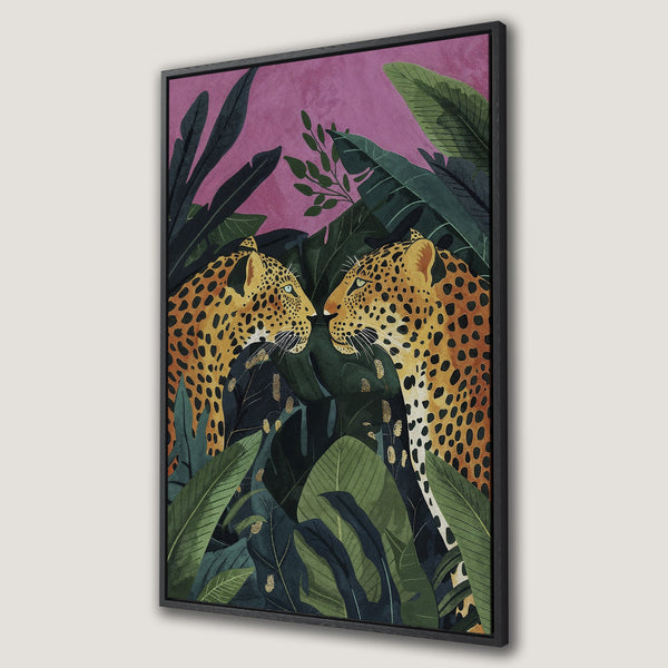 Framed Wall Art featuring a vibrant jungle scene with leopards. Tropical style, green, pink, and gold color palette. Perfect for adding a touch of the wild.