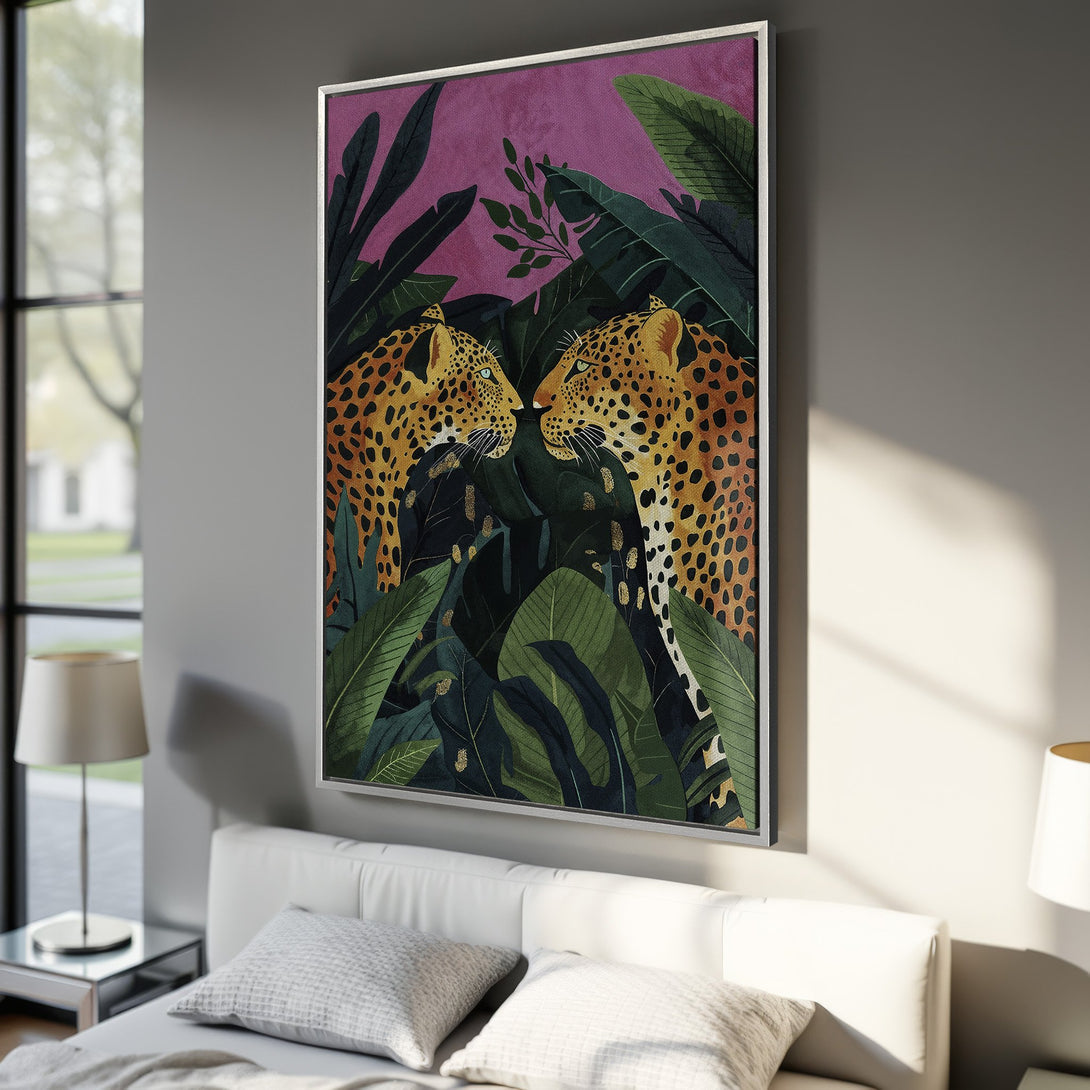 Framed Wall Art: Leopard Canvas Print in a vibrant jungle scene. Lush greens, warm orange, and deep purple create a bold, stylish statement piece. Add exotic flair to your decor!