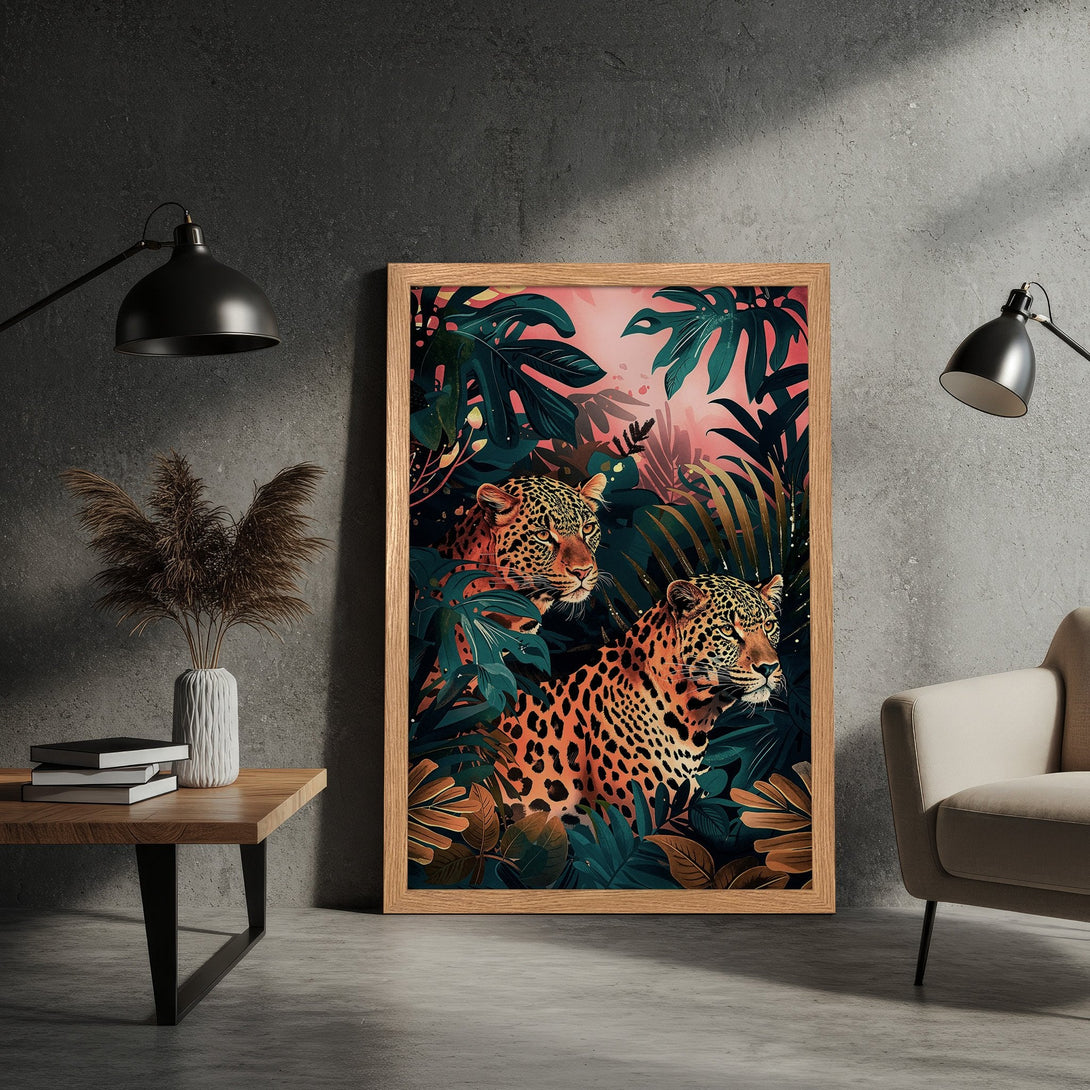 Framed Poster featuring leopards in a jungle scene. Modern art style with a vibrant color palette of greens, oranges, and pinks. Perfect wall decor.